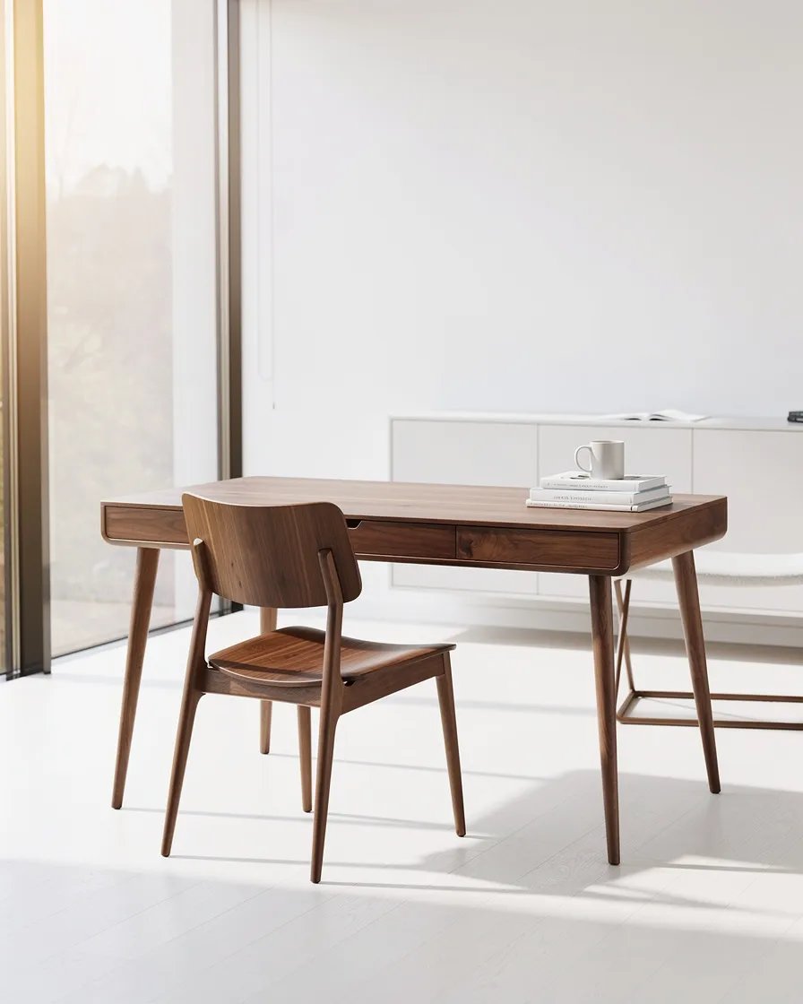 Mid-century modern walnut desk and chair in home office