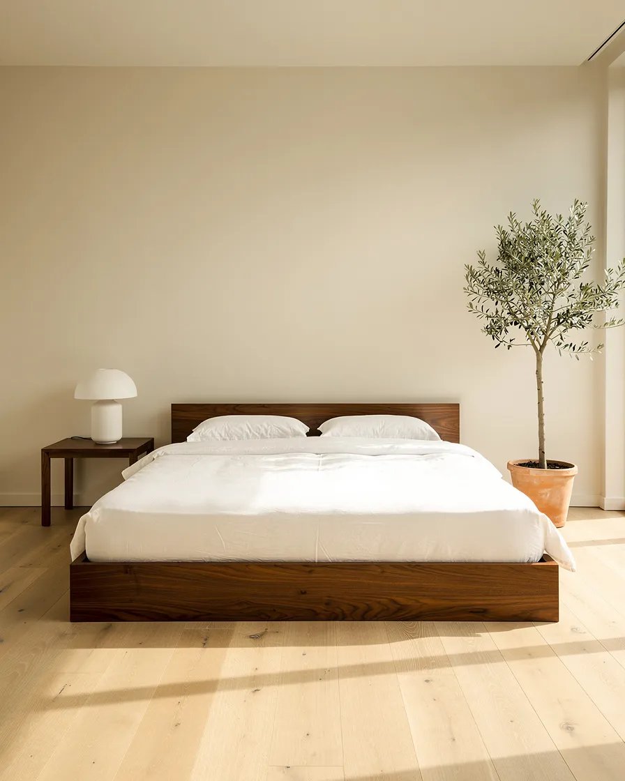 Minimal Scandinavian bedroom with walnut platform bed