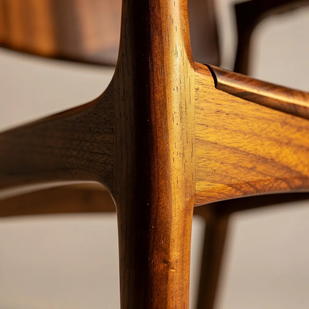 Close-up detail of walnut wood joinery on handcrafted chair