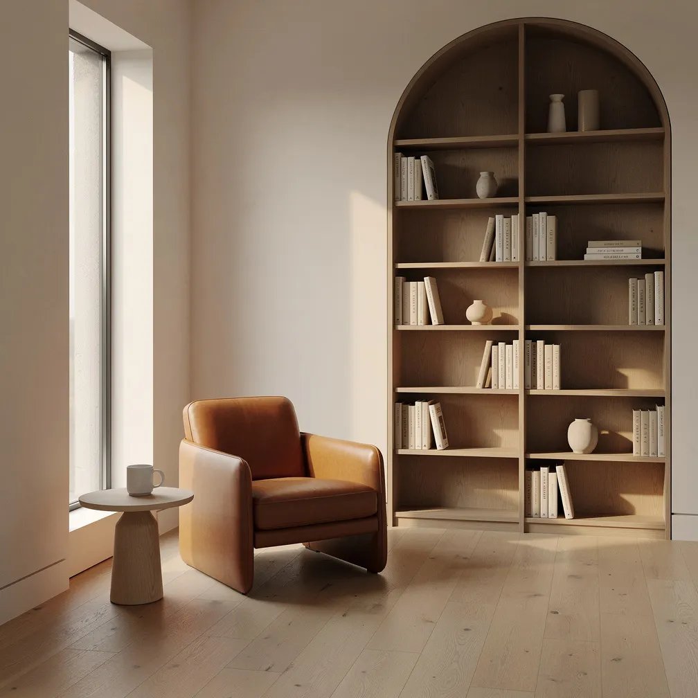 Scandinavian reading nook with curved bookshelf and leather accent chair