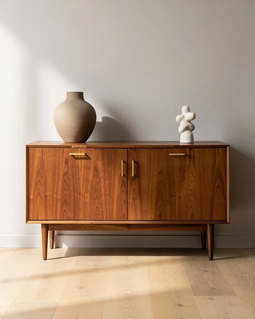 Mid-century walnut sideboard credenza with ceramic vase