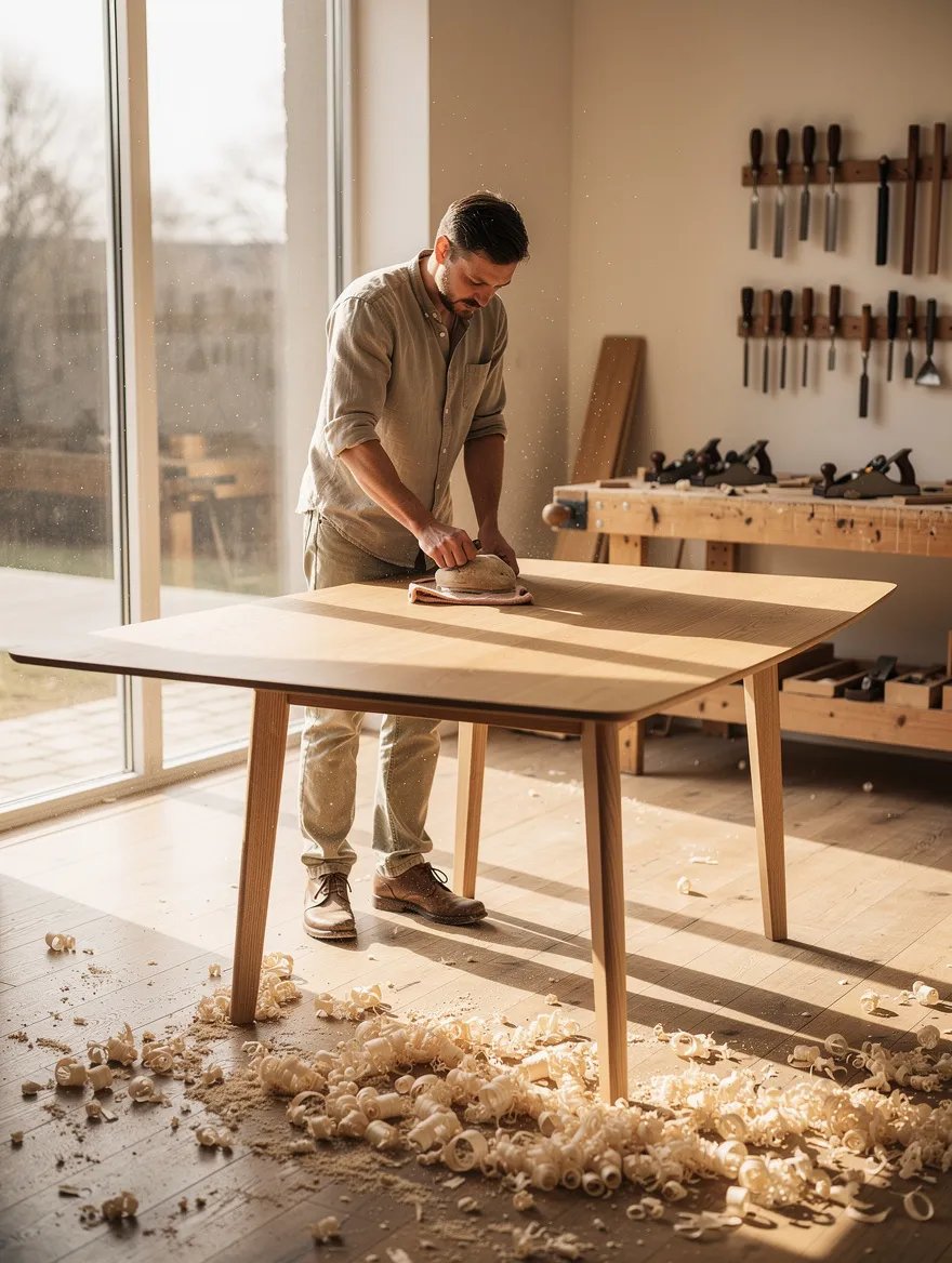 Craftsman hand-finishing a minimalist oak dining table in a sunlit workshop