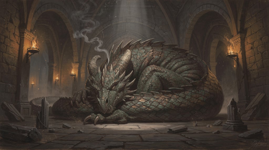 A colossal dragon sleeping in a stone vault