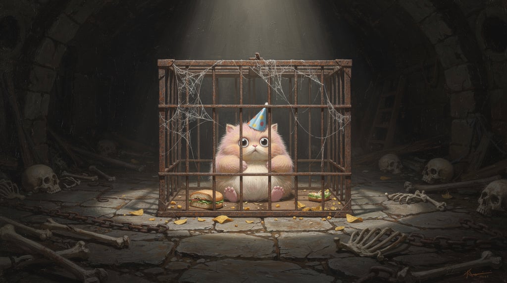A plump, absurdly cute little creature in a party hat, bored inside a dungeon cage