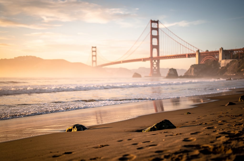 Golden Gate Bridge from the beach at golden hour