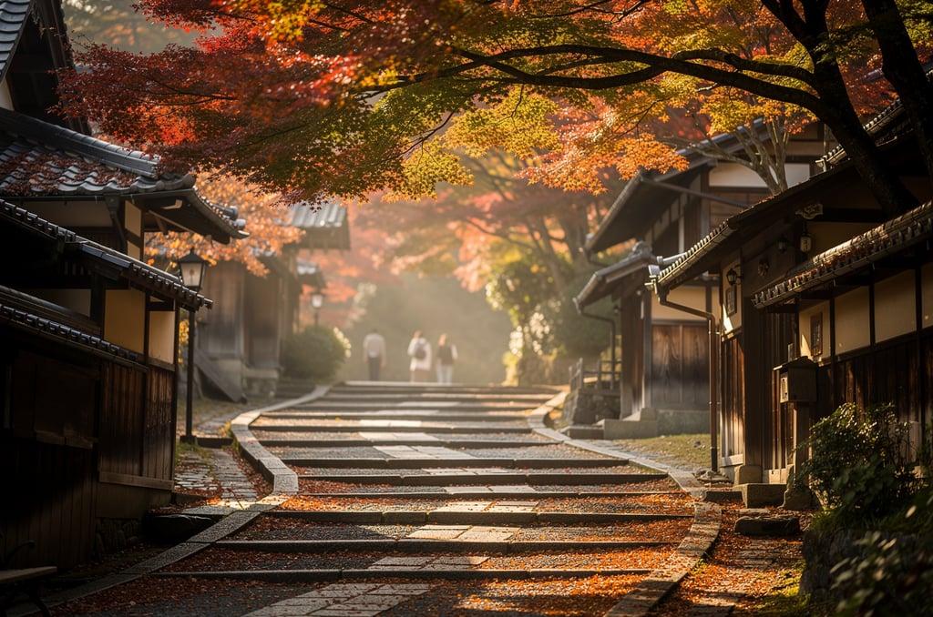 Kyoto temple lane in autumn light