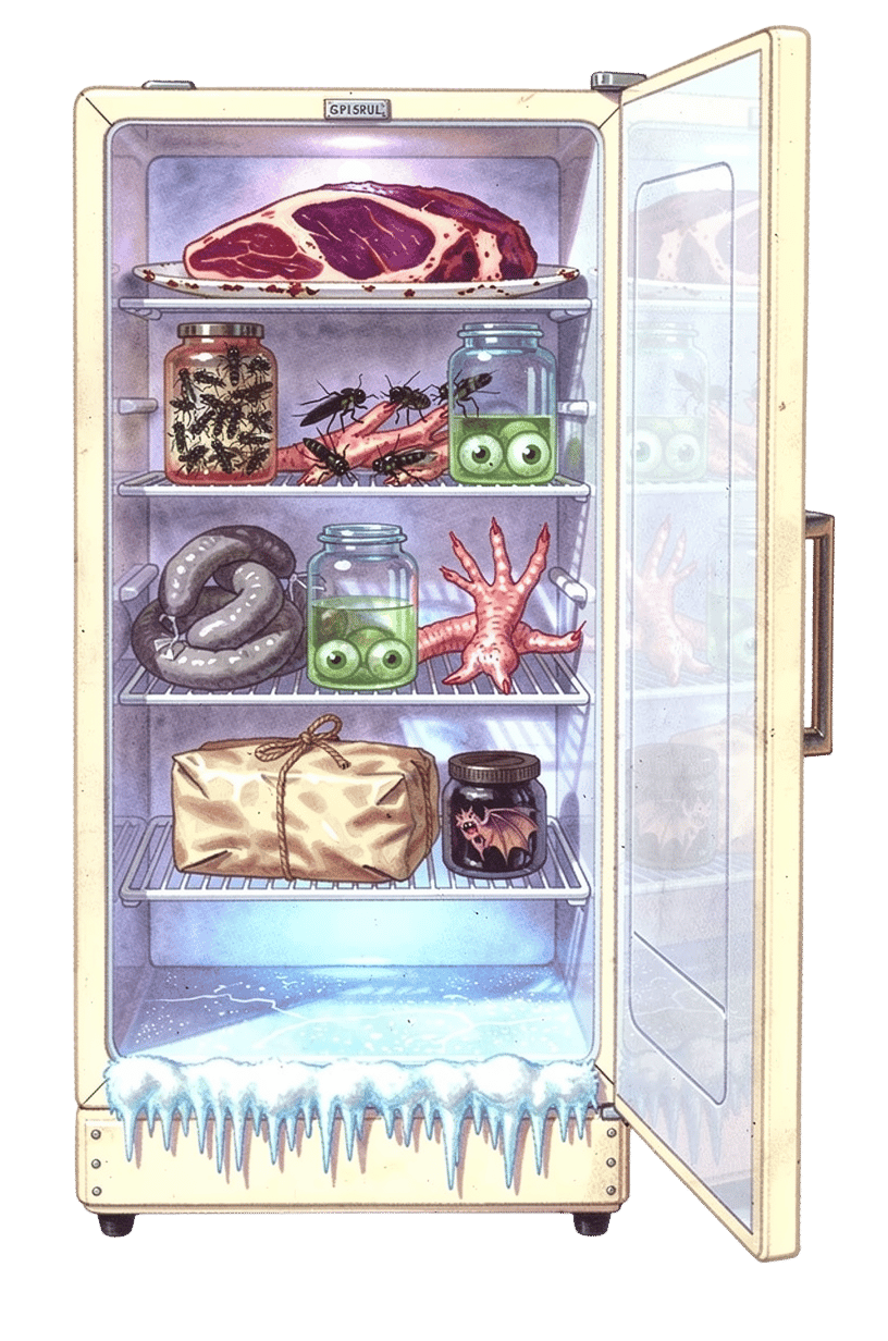 The open fridge cabinet interior with five shelves of monster food and a frozen bottom shelf, door swung open