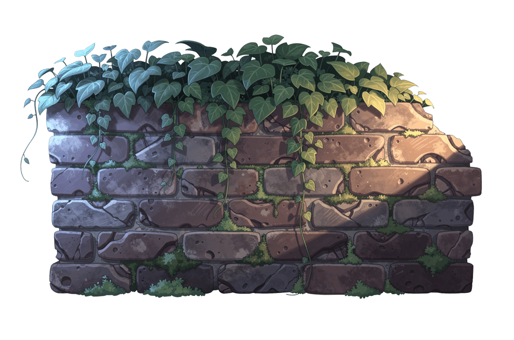An ivy-covered brick garden wall in the moonlight