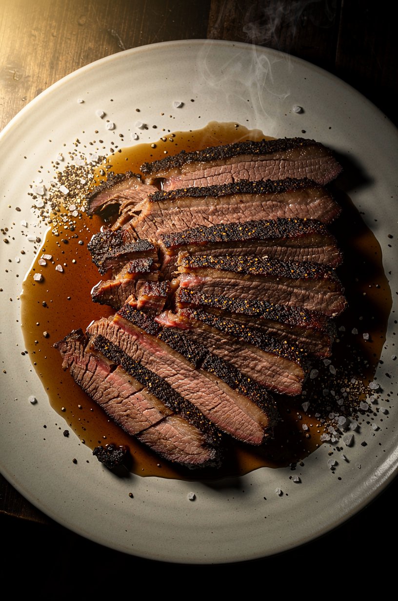 Sliced smoked brisket plate on dark background