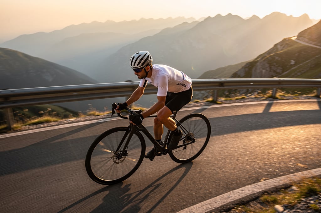 Cyclist riding at speed on a mountain road