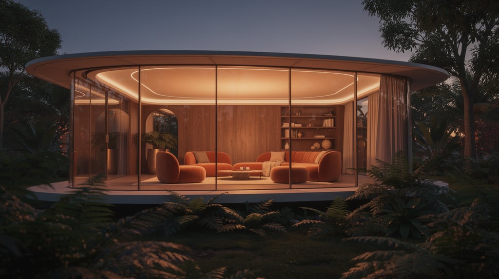 Glowing glass living space at dusk