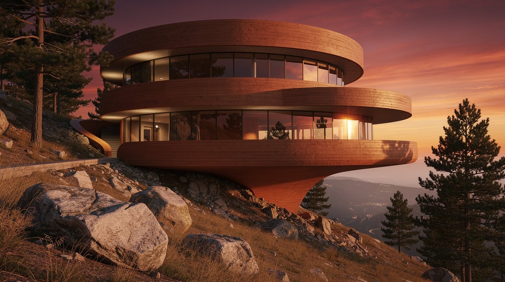 Circular hillside house at sunset