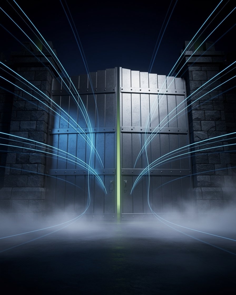Fortified gate with streams of blue light