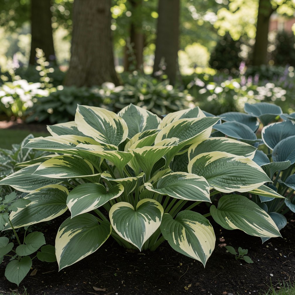 Hostas in dappled shade