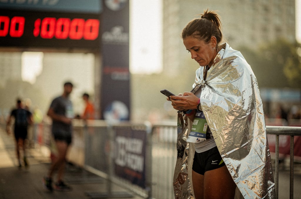 Finisher checking race results on a phone