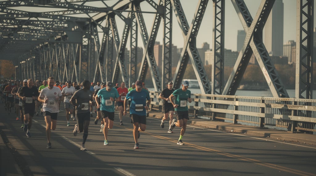 Tired runners crossing a bridge into the Bronx