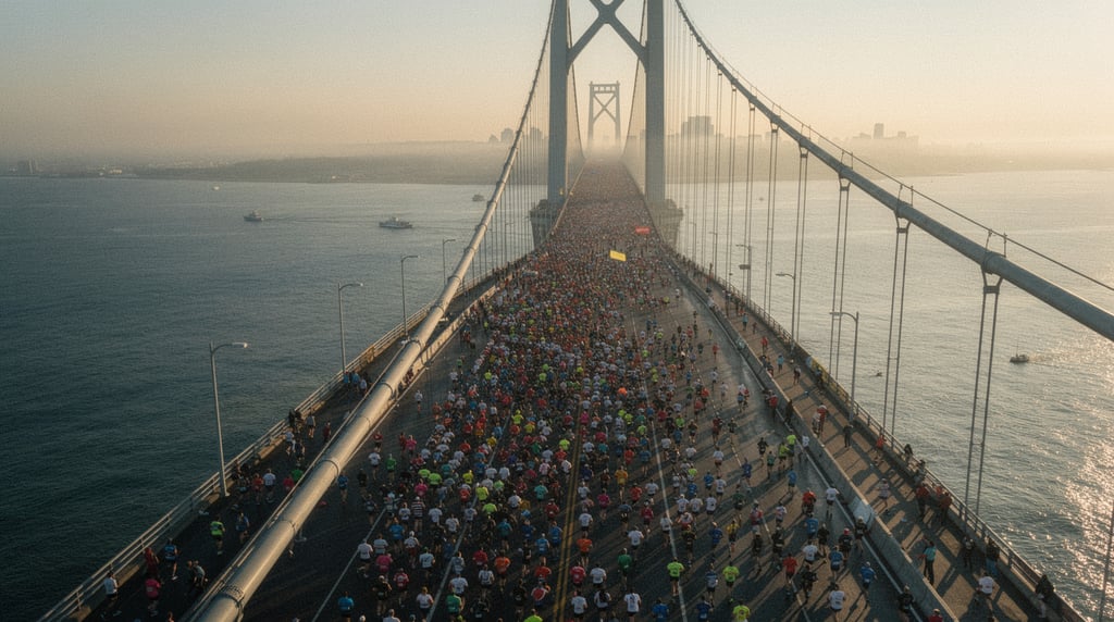 Runners crossing the Verrazzano Bridge at sunrise