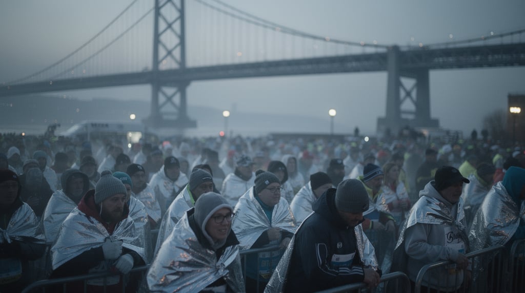 Runners waiting in start corrals at dawn