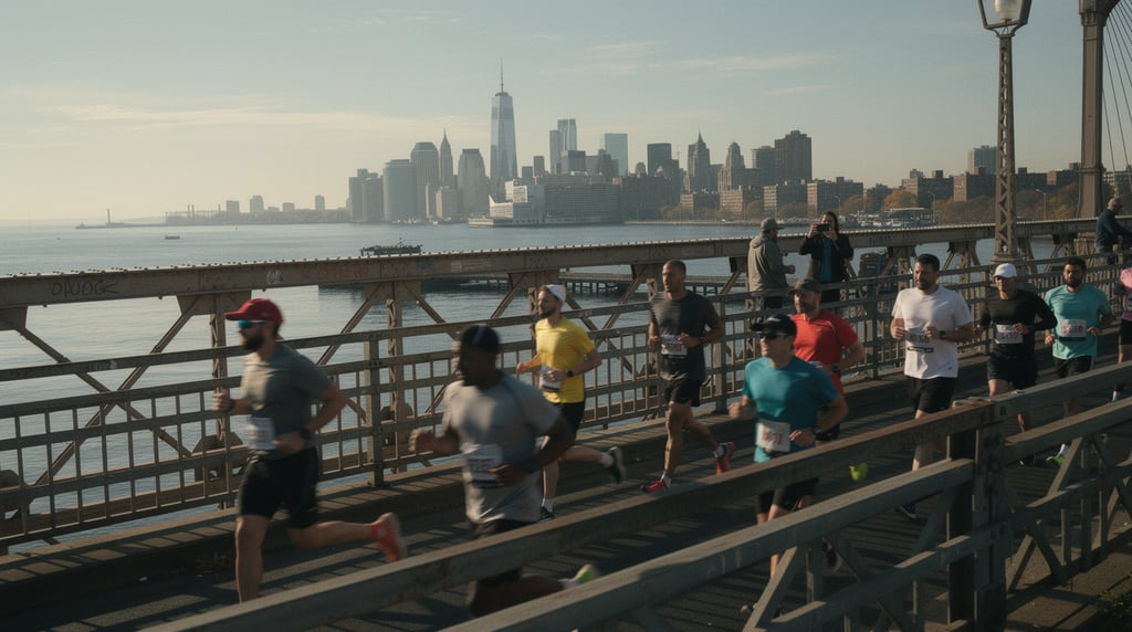 Runners crossing the Pulaski Bridge at halfway
