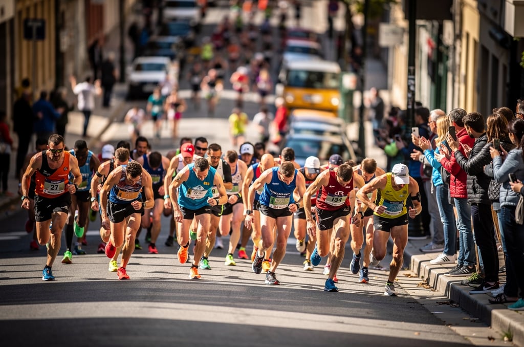 Runners climbing the steep hill at mile 23