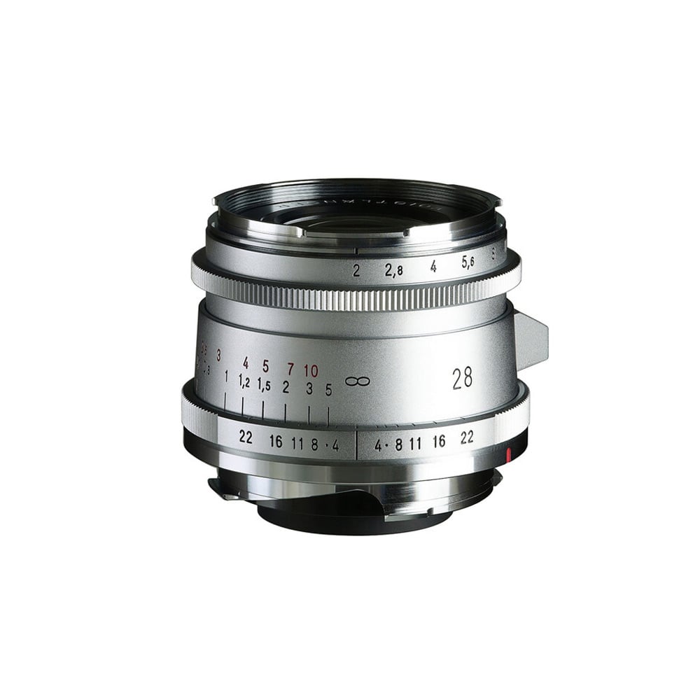 Voigtlander 28mm F2 Ultron II silver lens with aperture and focus markings