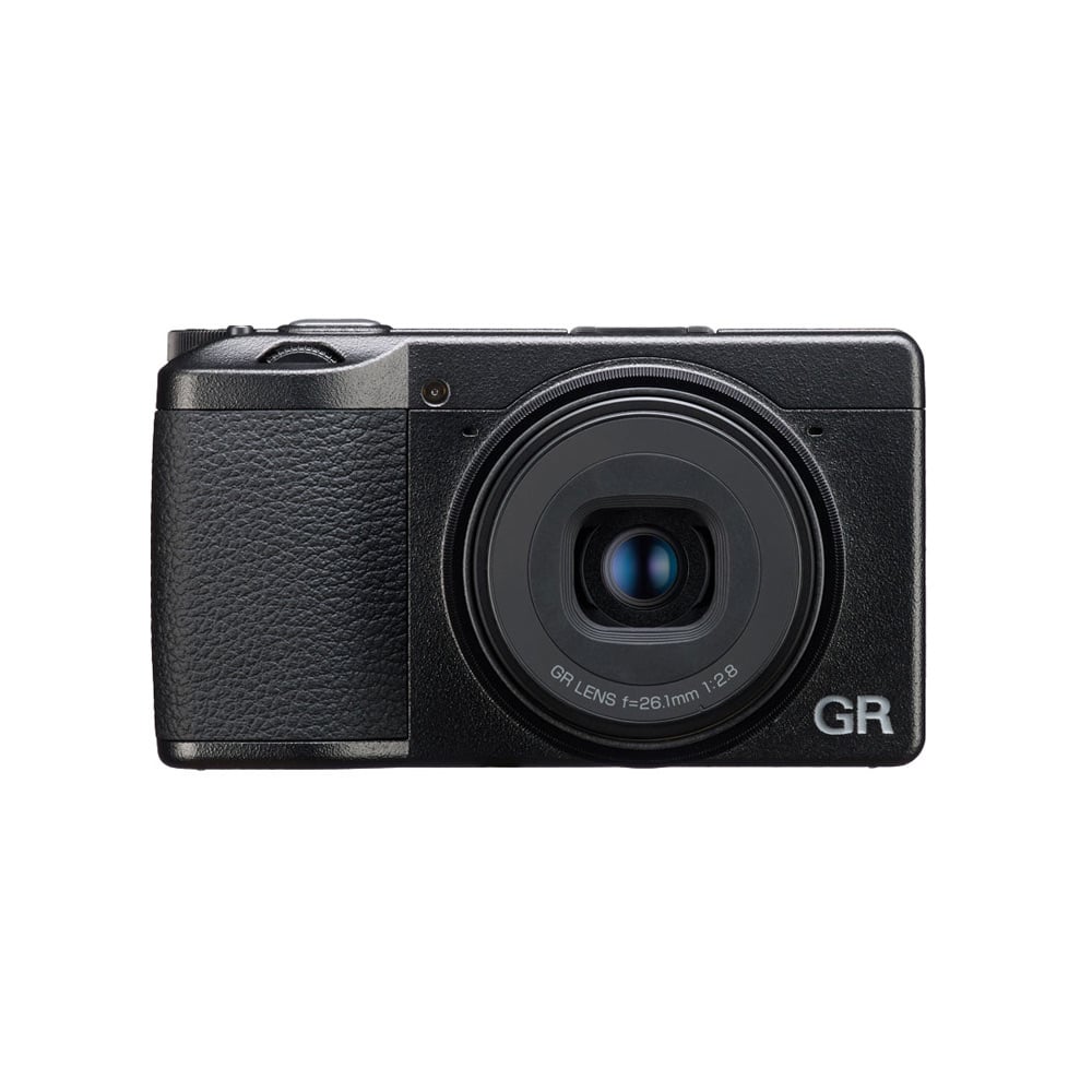 Front view of a Ricoh GR IIIx compact camera with GR 26.1mm f/2.8 lens on a white background