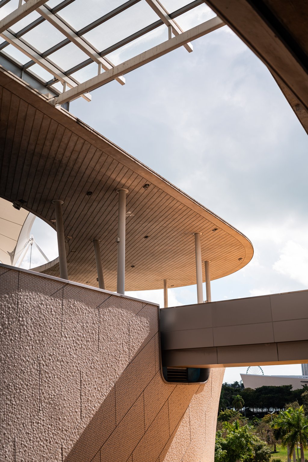 Modern building with a large curved wooden canopy above a textured wall and a distant Ferris wheel