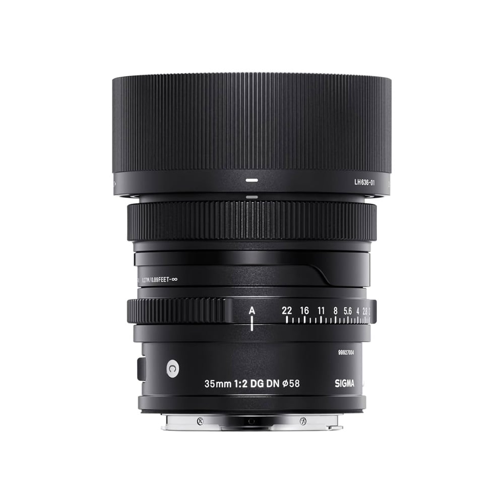 Sigma 35mm f/2 DG DN lens with hood showing aperture ring markings