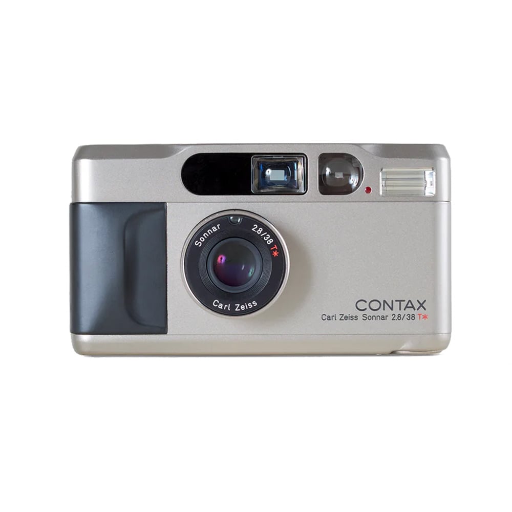 Front view of a silver Contax T2 compact camera with Carl Zeiss Sonnar 2.8/38 T* lens