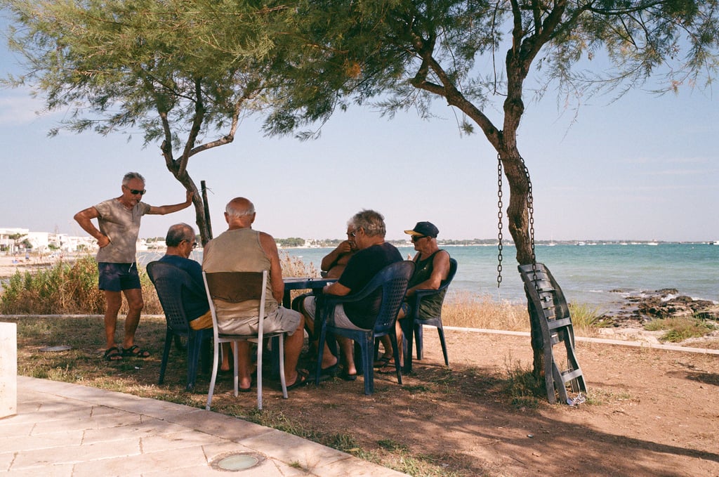 Older men gathered around a plastic table under shady trees by the seaside with calm blue water in the background