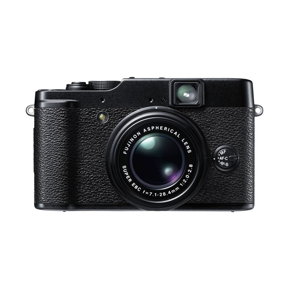 Front view of a Fuji X10 compact camera with Fujinon 7.1-28.4mm f/2.0-2.8 aspherical lens