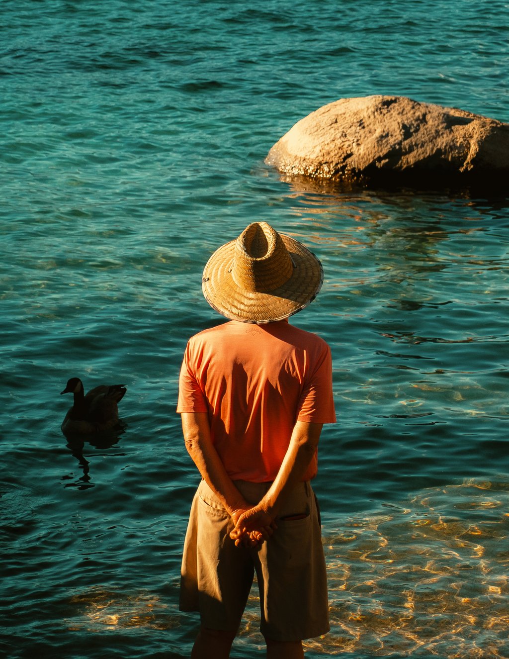 Person seen from behind at the water's edge wearing a wide straw hat and orange shirt with turquoise rippling water