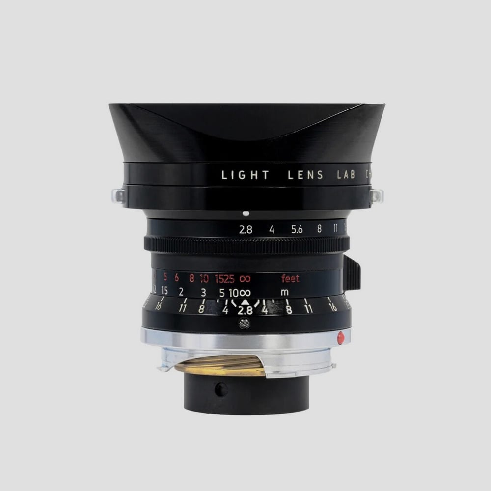 Light Lens Lab 28mm lens showing aperture ring markings and distance scale