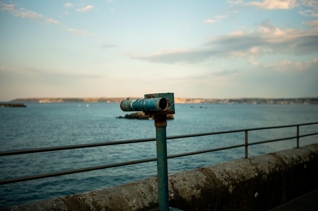 Rusted blue coin-operated viewer mounted on a railing overlooking calm blue water and a distant coastline