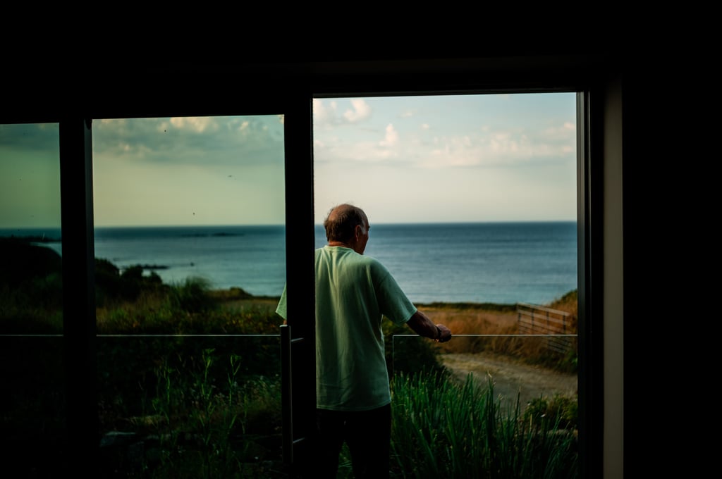Person in a light green shirt viewed from behind through glass doors looking out over grassy dunes to a calm sea