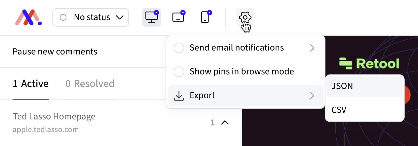 MarkUp settings panel with notification, pin display and export options