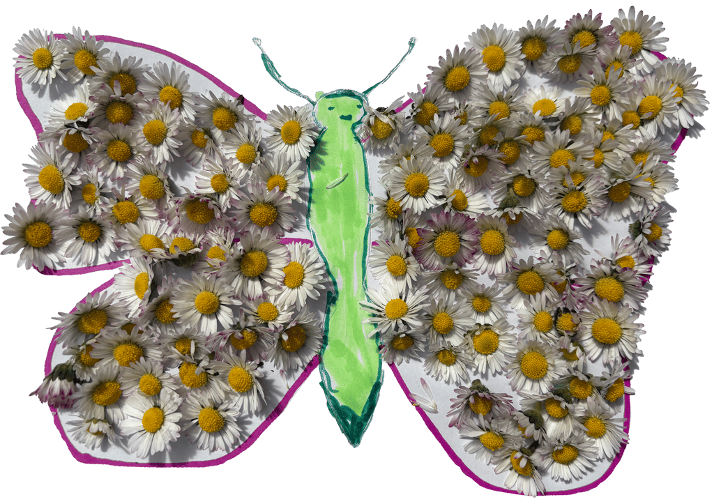 Hand-drawn butterfly decorated with daisy flowers.