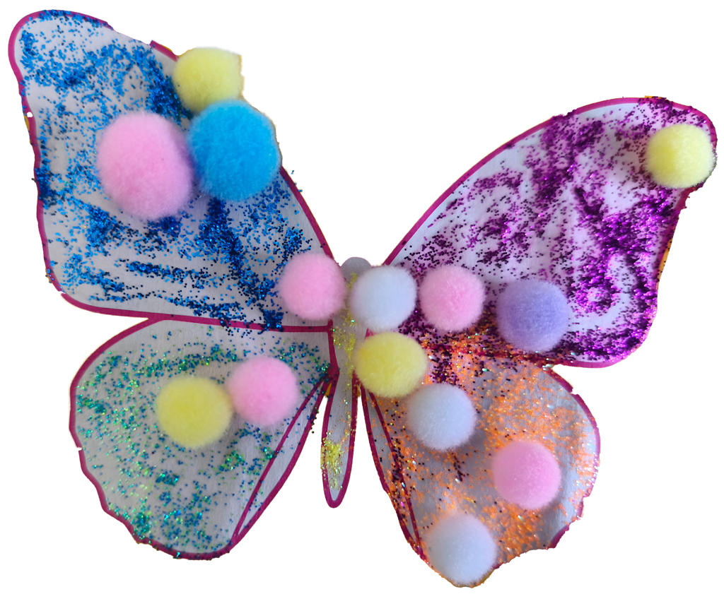 Butterfly artwork made from colourful pom-poms.