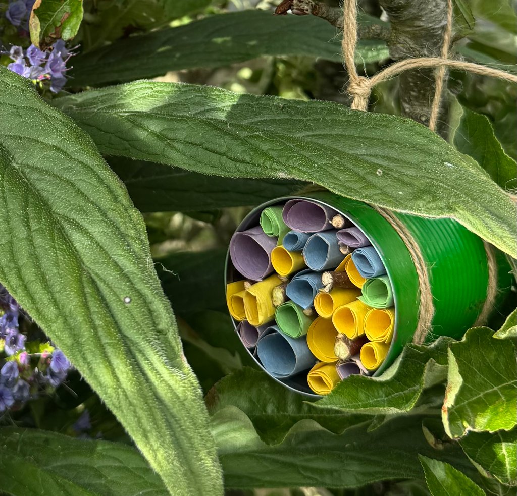 Green homemade bee hotel nestled among leaves.