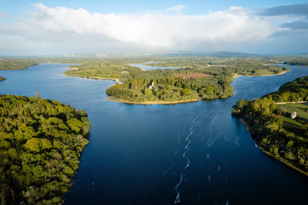 Aerial view of Crom, showing wooded islands and historic ruins along the shores of Upper Lough Erne, Northern Ireland.