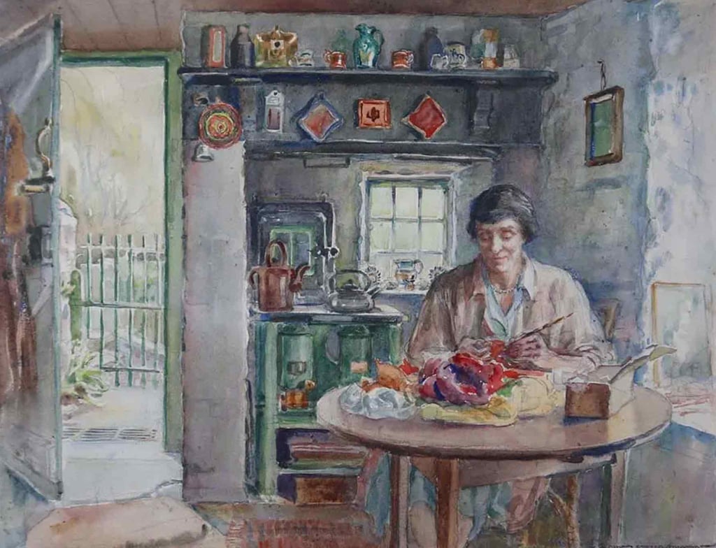 Painting by Mary Stella Edwards showing artist Judith Ackland working in her cabin at Bucks Mills, Devon.