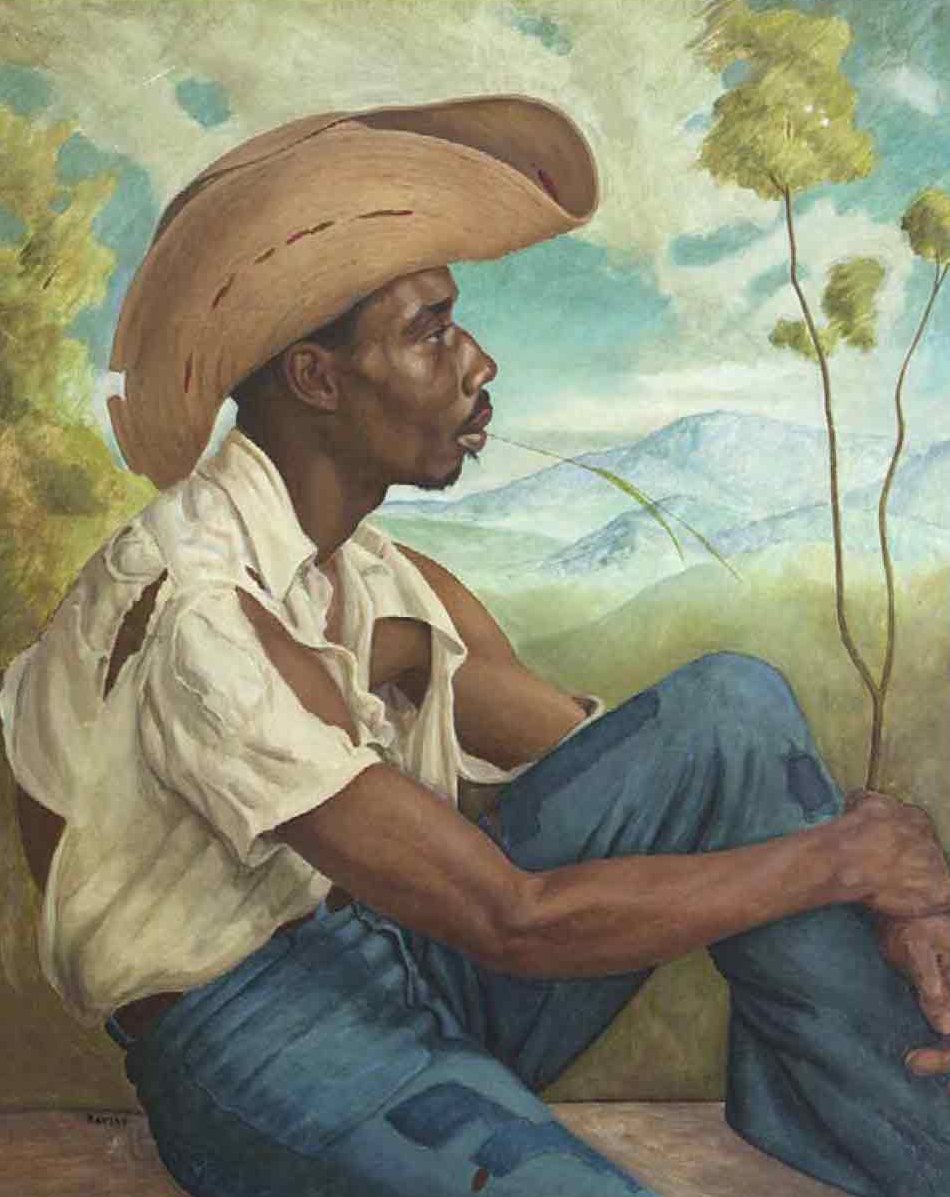Painting of a seated man in an open landscape by James Richmond Barthé, created circa 1950–58.