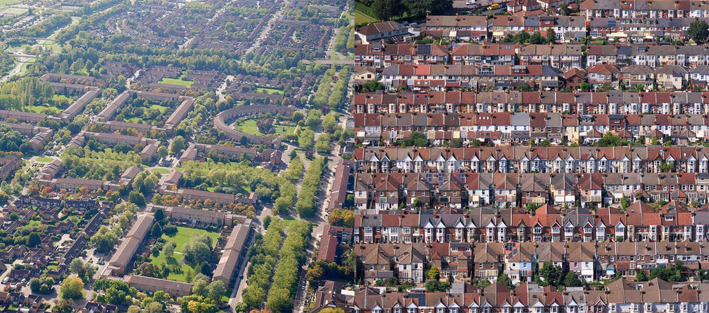 Split aerial view comparing two UK cities: Milton Keynes on the left, showing modern buildings and green spaces, and Portsmouth on the right, showing dense terraced housing.