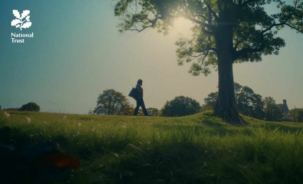 Person walking through a grassy National Trust property surrounded by trees and a historic building.